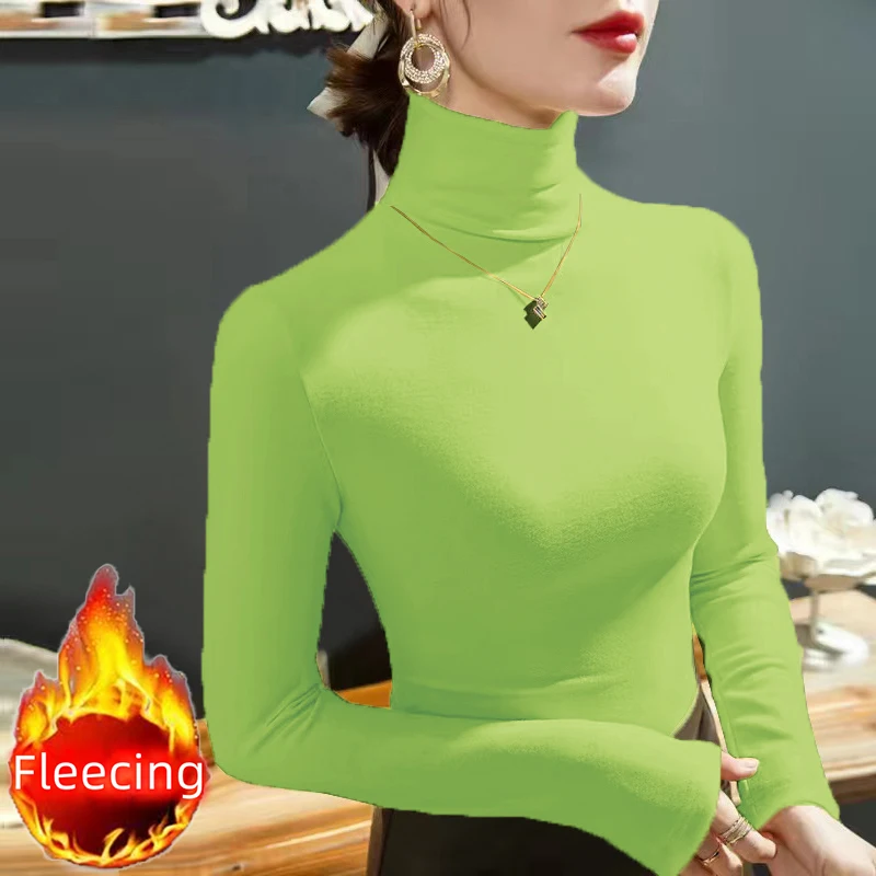 Fleecing High Neck Long sleeve Top Women's T-shirt & Blouses Trend 2024 Female Clothing Woman Clothes Skinny Basic Casual Solid