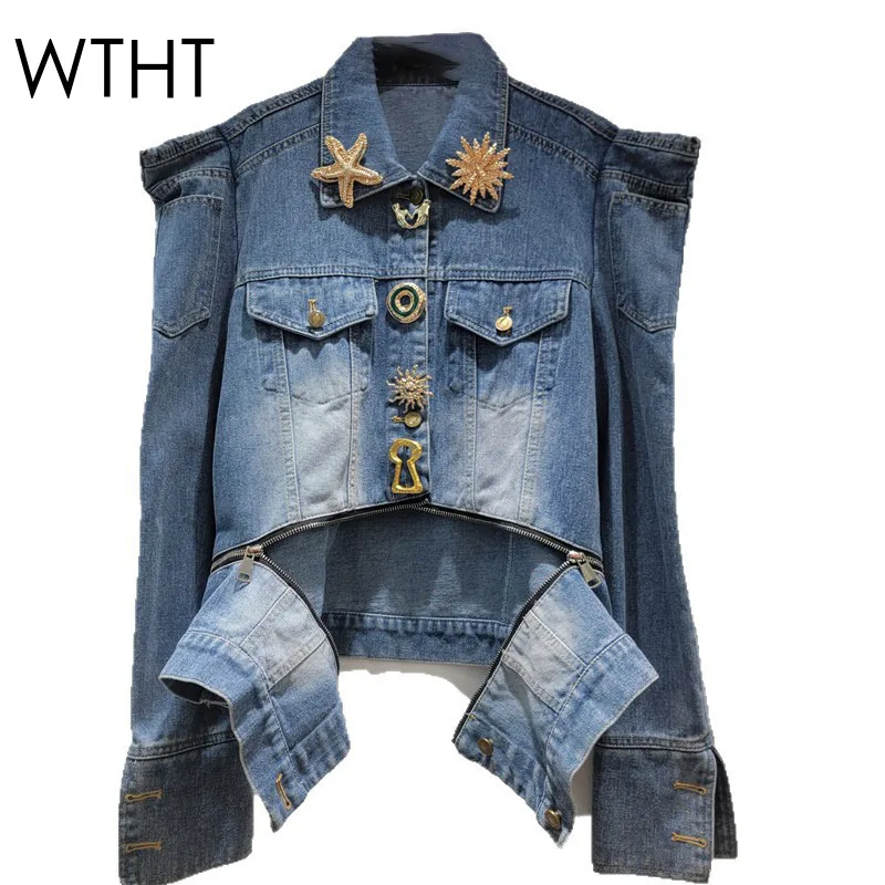 WTHT 2026 Spring Fashion Women's Metal Buckle Zipper Design Denim Jacket Trendy New Lapel Long Sleeves Coat Female 1LS2855