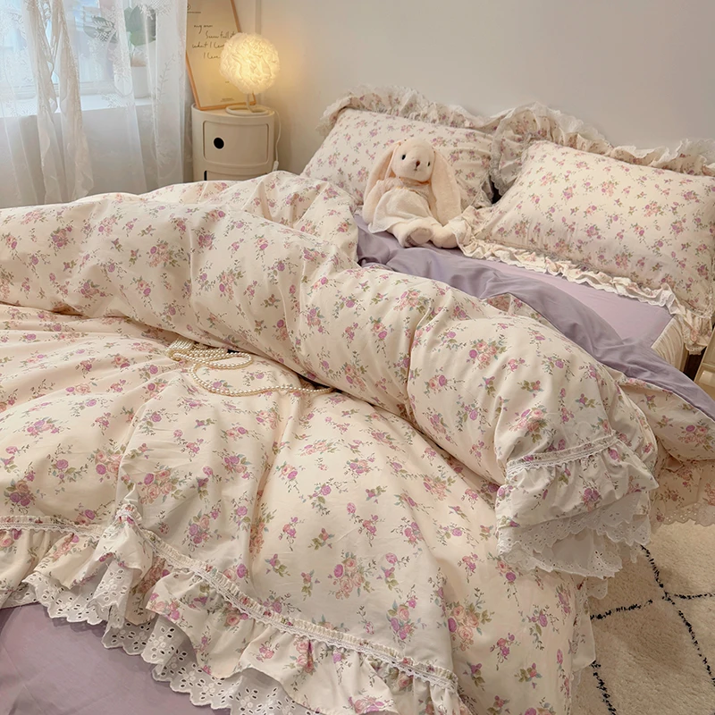 

100% Cotton Korean Princess Style Floral Lace Ruffles Bedding Set Single Duvet Cover Bed Sheet/Fitted Sheet/Bed Skirt Pillowcase