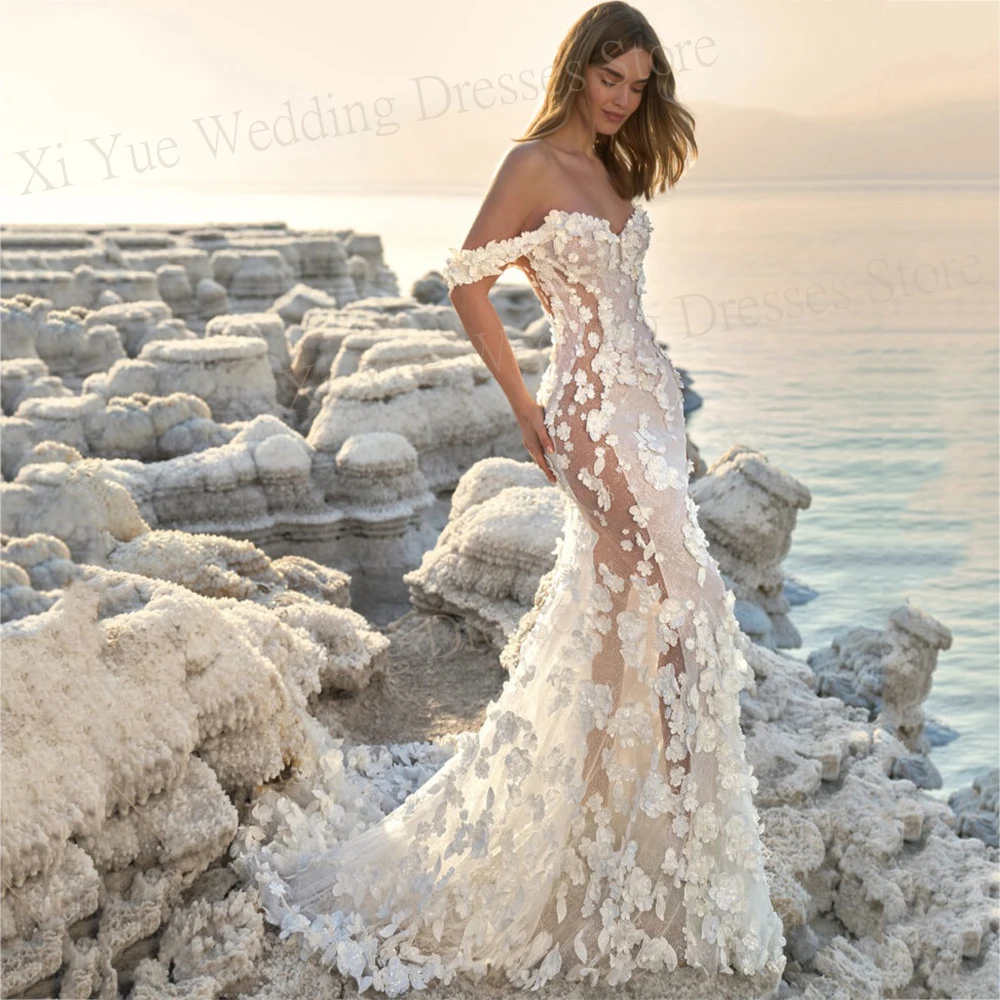 Sexy Exquisite Sweetheart  Mermaid Wedding Dresses Lace Appliques Backless Off The Shoulder Bride Gowns New 3D Flowers Illusion