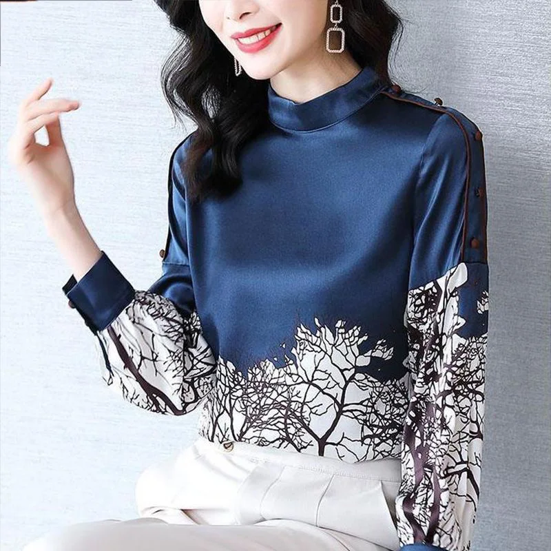 Vintage Printed Long Sleeved Blouse Spring Autumn Women\'s Clothing Versatile Stand Collar Floral Button Pullover Blue Shirt