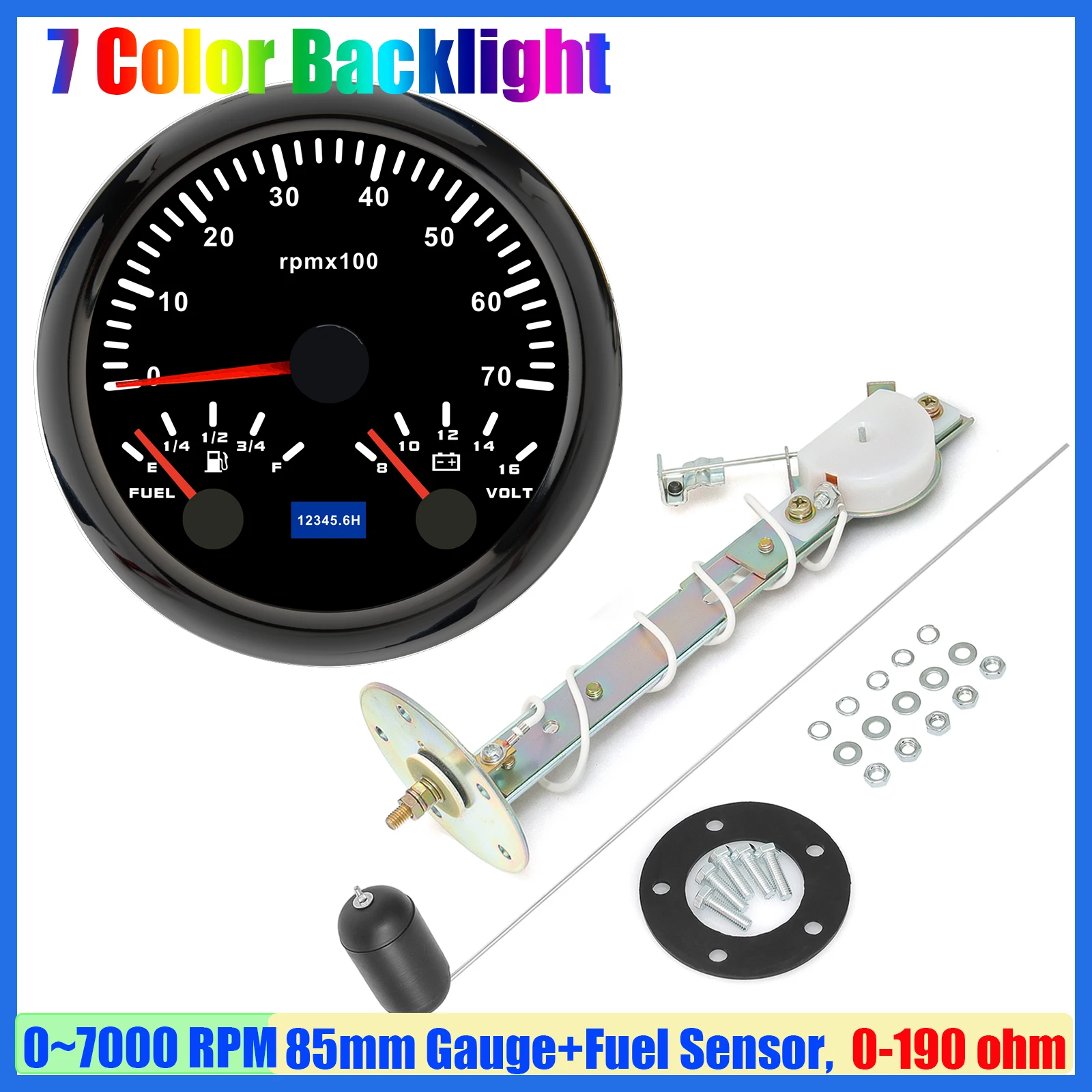 

Multifunctional 85mm Gauge 3 IN 1 Tachometer+Fuel Level Gauge+Voltage with Sensor 0-190ohm for Car Boat Yacht Waterproof 7 Color