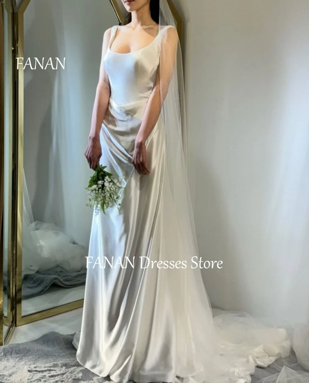 

FANAN Square Neck Elegant Korea Wedding Dresses Sleeveless 웨딩드레스 Sexy Ivory Satin Mermaid Custom Made Bride Gowns Plus Size