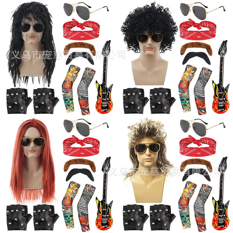 

70s Disco Punk Wig Vintage Fashion Hip Hop Rock Band Wig Beard Suit