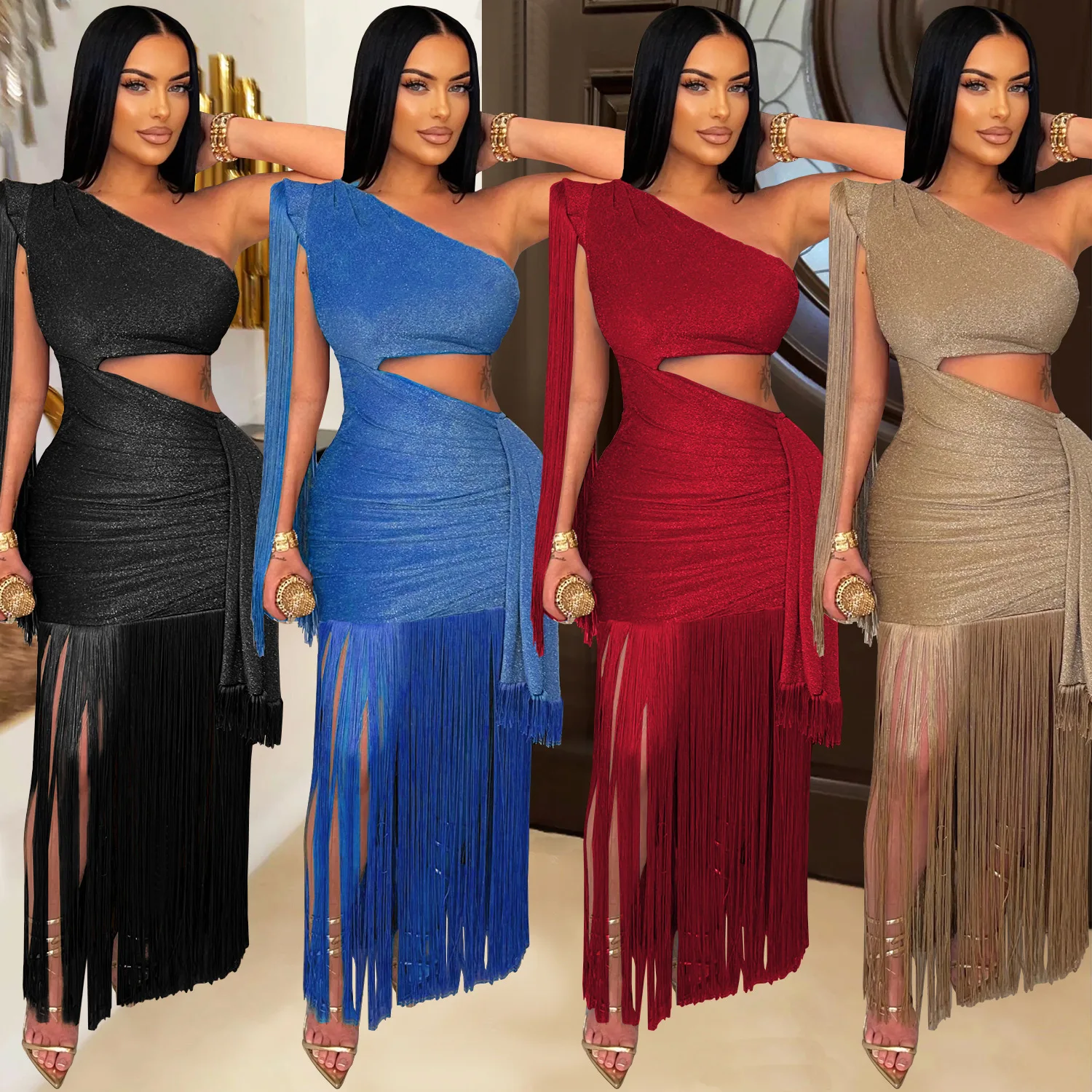 

One Shoulder Fringe Dress Evening Club Wear Dresses 2025 Women Party Luxury Outfits Sexy Bodycon Shiny Long Maxi Dress