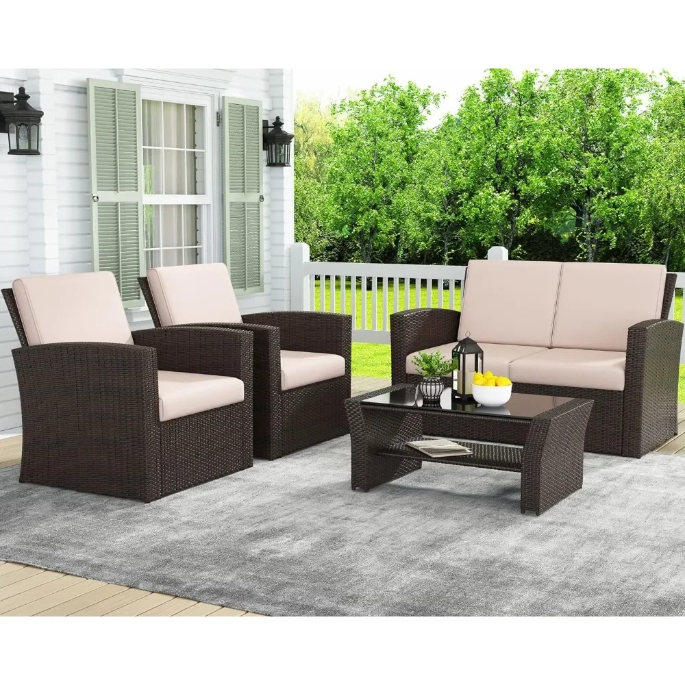 Conjuntos de móveis ao ar livre do pátio Conjuntos de vime Conversa, Rattan Sofá Cadeira com Almofada para Quintal Lawn Garden, Brown, 4 PCs