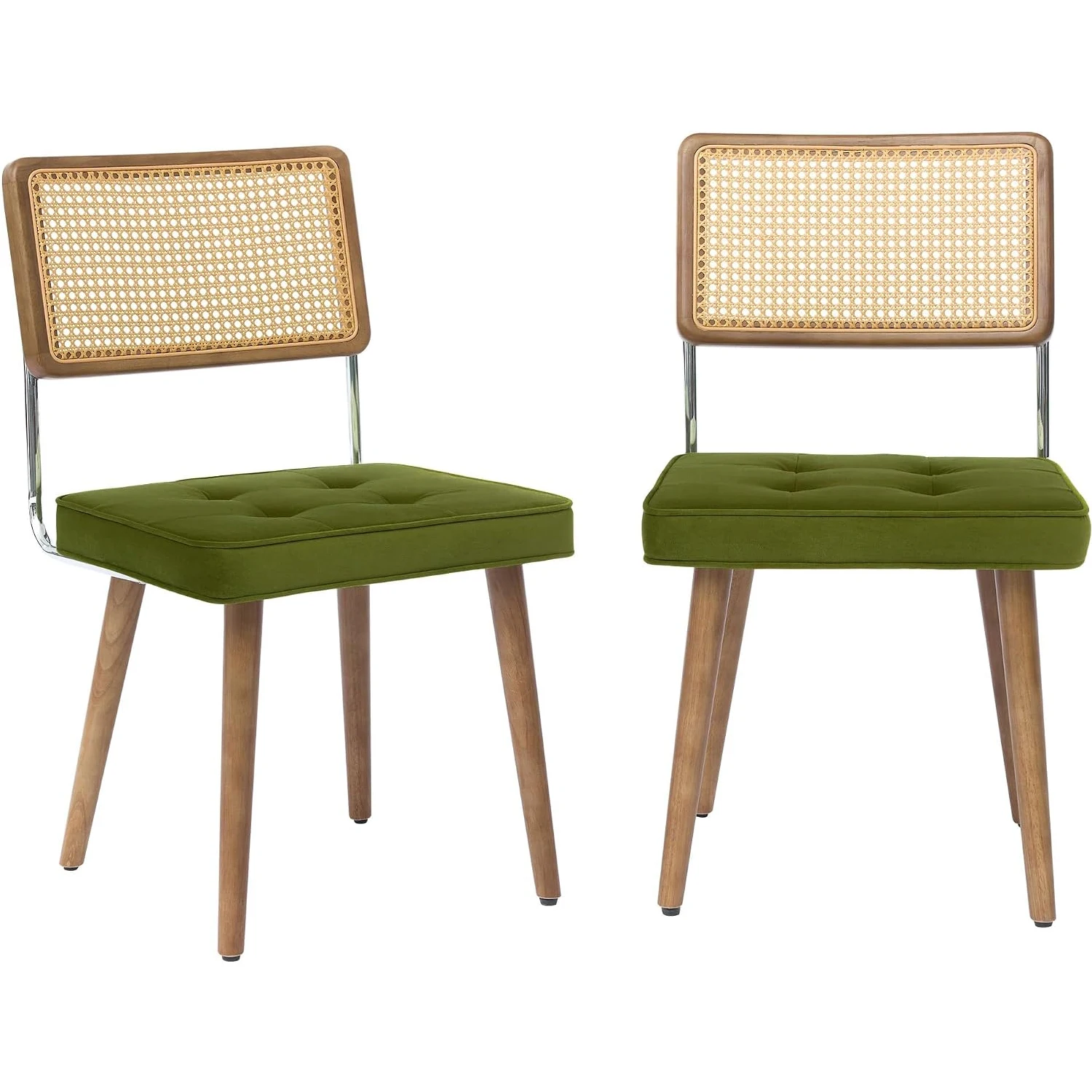 Set of 2 Mid-Century Rattan Velvet Dining Chairs, Boho Upholstered Seat, Handwoven Rattan Cane Back Dining Chairs, High-density Foam Padded Seat, Solid Rubberwood Frame, Anti-slip Foot Pads for Living Room, Dining Room, Lounge