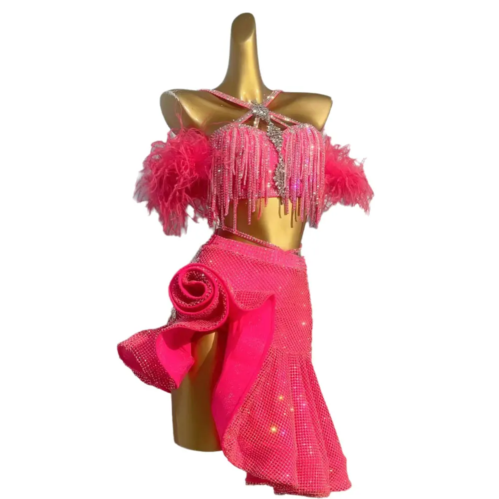 

Latin Dance Rhinestone Women's High-end Custom Drill Bet Flower Roll Skirt Tango Samba Performance Dress