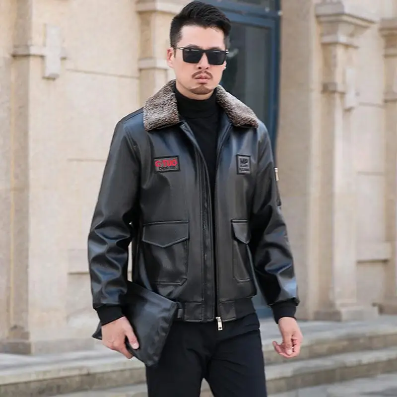 Blouson aviateur en cuir combiné pour hommes, manteau de moto, vêtements d'extérieur optiques vintage, sourire masculin, mode d'hiver, 5XL