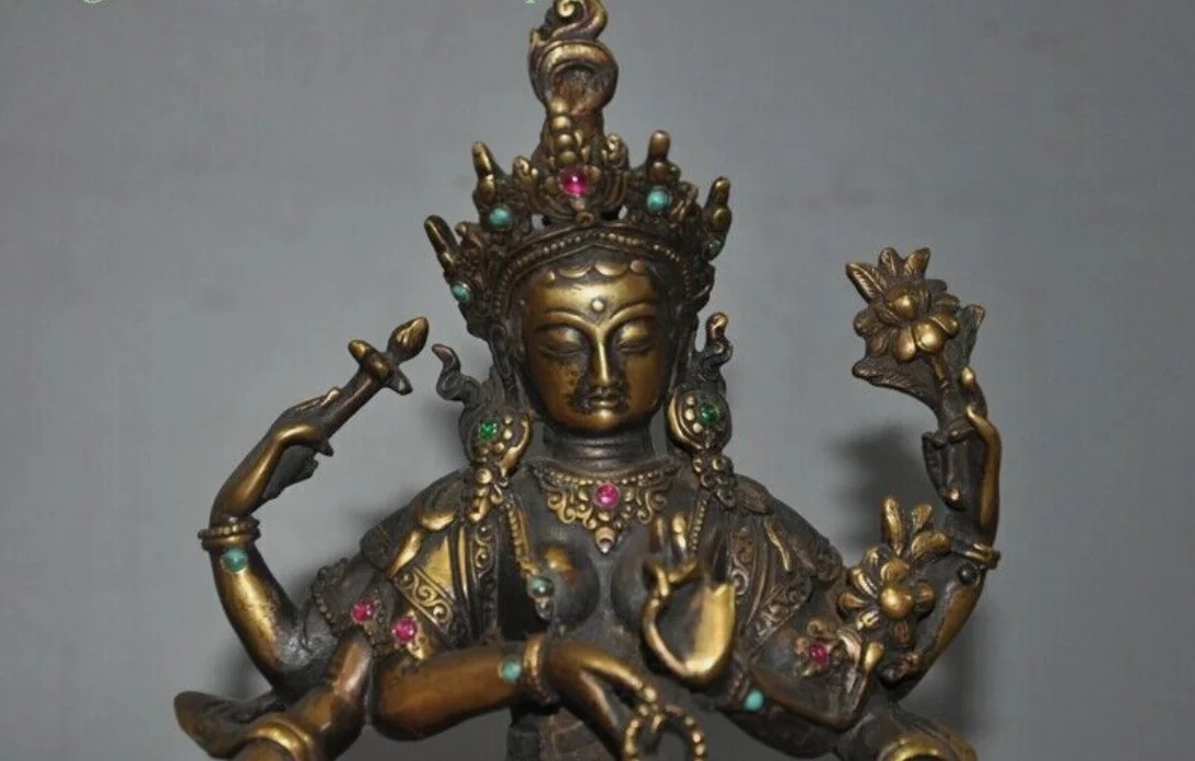 Tibet Buddhism temple bronze Gilt Inlay gem 6 arms Tara Guanyin Buddha statue