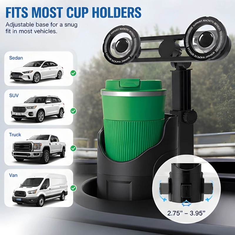 Phone Mount for Car Cup Holders with Two Device Positions and Drink Space, Plastic Vehicle Accessory for Rideshare Work D2RC