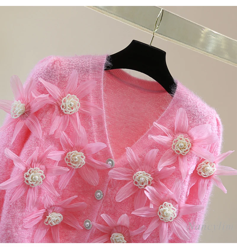 High Waist Short Mohair Cardigan Women's Long Sleeve Heavy Industry Sweater Coat V-Neck Beaded Flower Pink Knitted Coat Lady