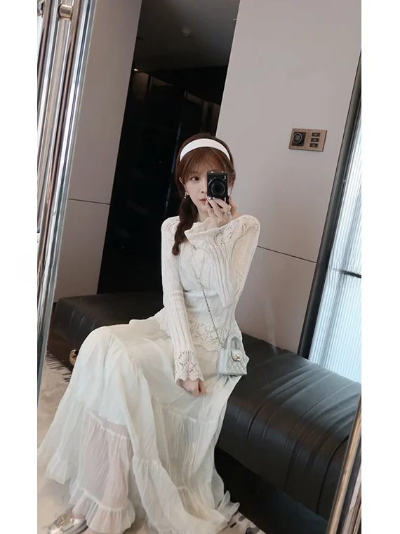 

Элегантный летний вязаный топ и белое платье для женщин, модный комплект с длинными рукавами для работы.