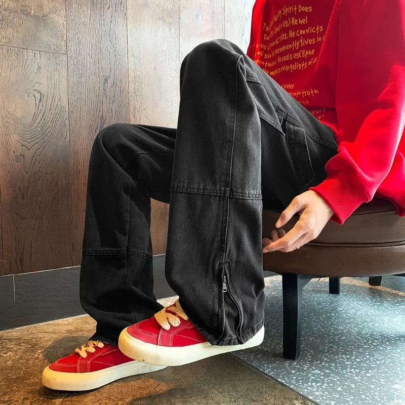 

Pop Designer Jeans Men's Personalized Zipper Korean Fashion Straight Pants Streetwear Spliced ​​Black Male Trousers