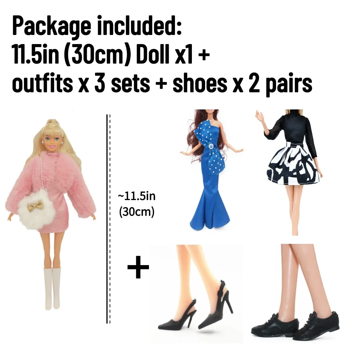 BJD Doll 11.5in 30cm with Outfits x3 sets and Shoes x 2 pairs - Movable Figure Model DIY Best Girl Gift Child Toys