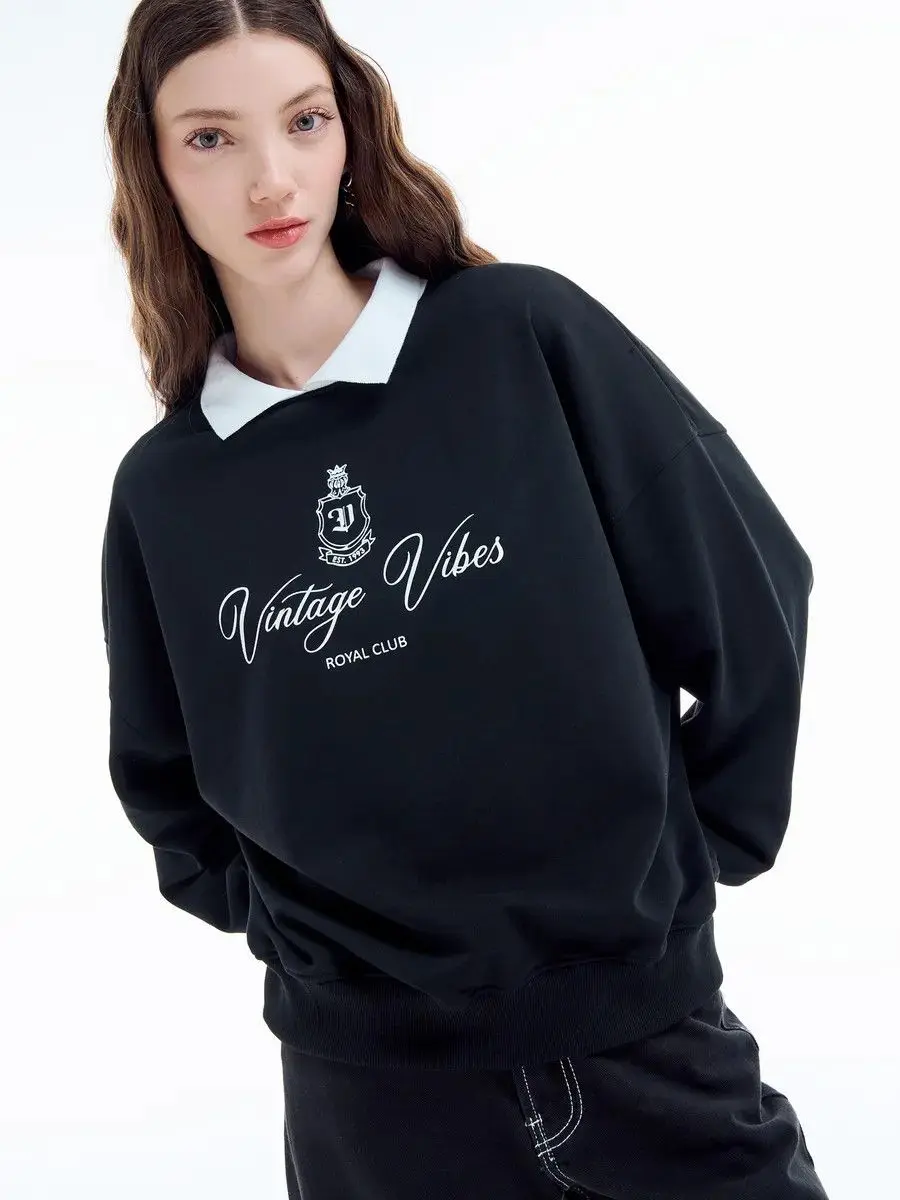Preppy College Lady Crew Neck Lapel Sweatshirt Retro Badge Printed Long Sleeve Pullover Autumn Winter Loose Sport Preppy-style