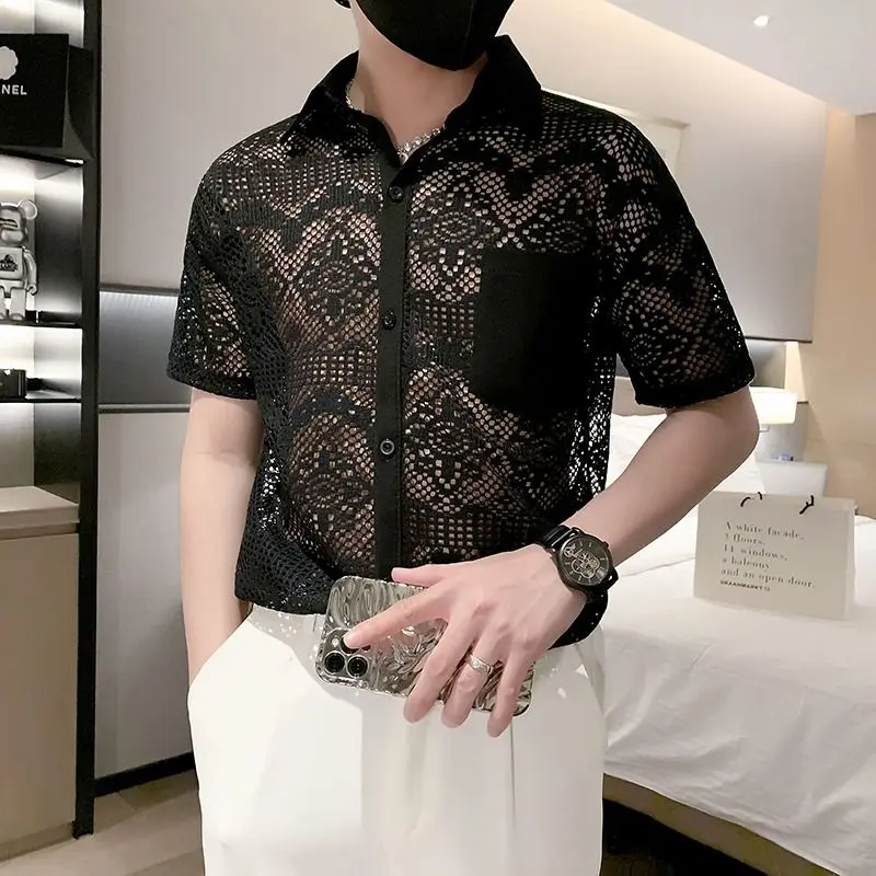 Men\'s Korean Fashion Sexy Hollow Luxury Business Casual Button Down Shirt Summer Black White Short Sleeve Slim Tops Ropa Hombre