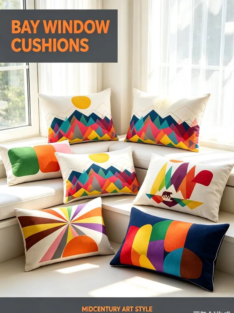 Mid Century Modern Geometric Lumbar Throw Pillow Covers, Retro Color Block Mountain Sun Abstract Landscape Decorative Long Cushi