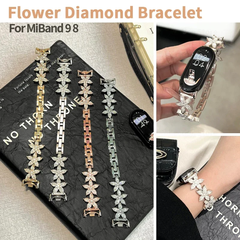 

Glitter Flower Diamond Strap for Xiaomi Mi Band 9 8 Women Metal Bracelet for Miband 8 Smartwatch Wristbands for Mi 9 Replacement