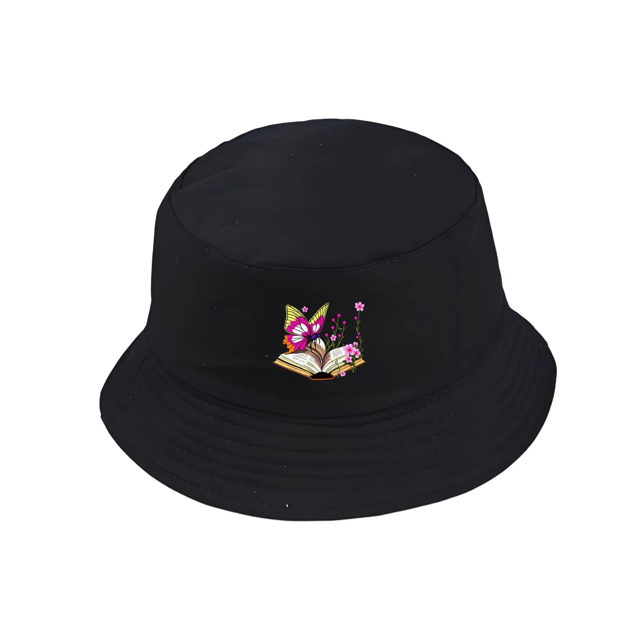 Butterfly Print Bucket Hat Women Cotton Fisherman Hat Vintage Y2K Style Casual Packable Sun Cap Classic Floral Travel Beach H
