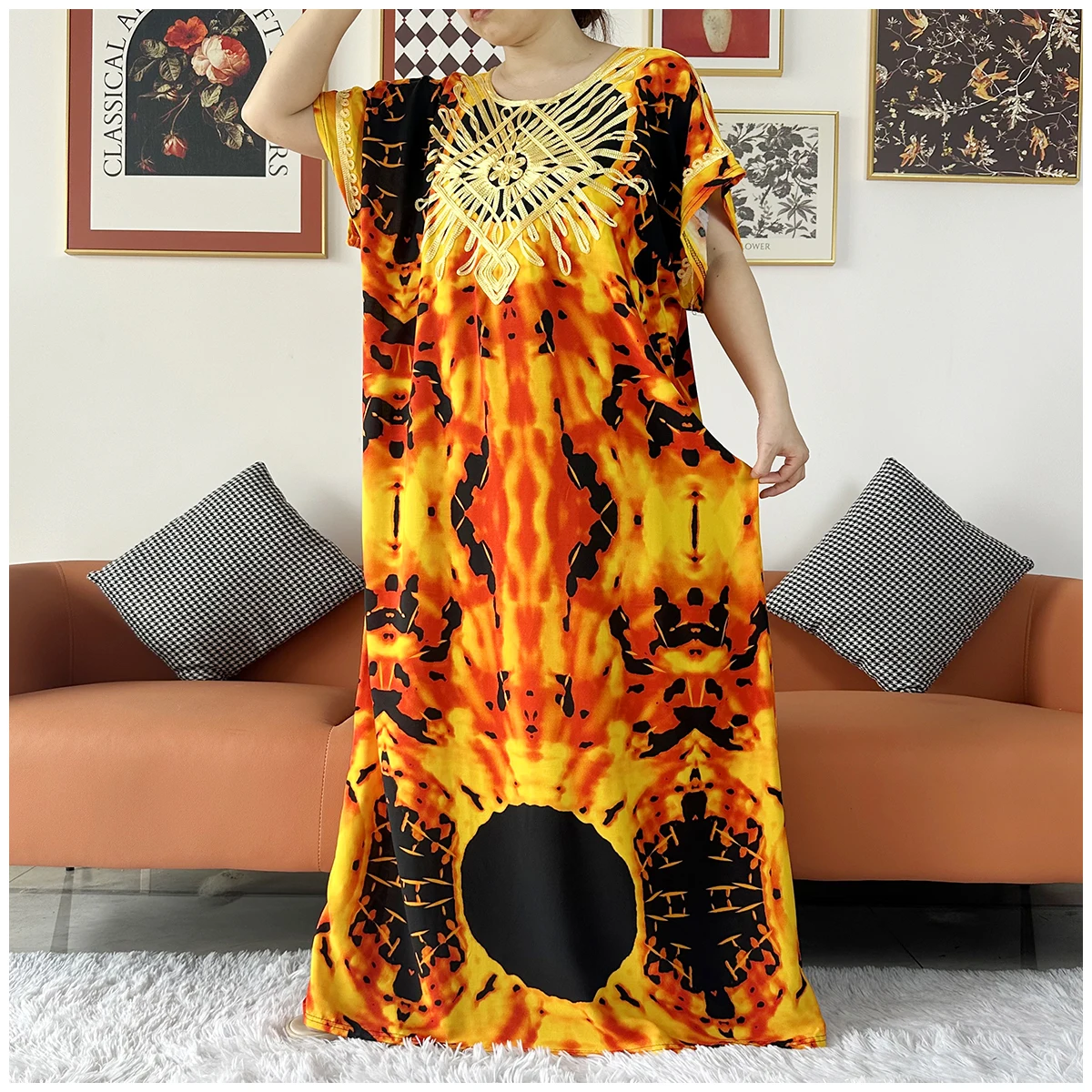 2 Pieces African Dashiki Floral Printing Loose Cotton Caftan Lady Summer Maxi Casual Dresses With Scarf  Vestidos Short Sleeve