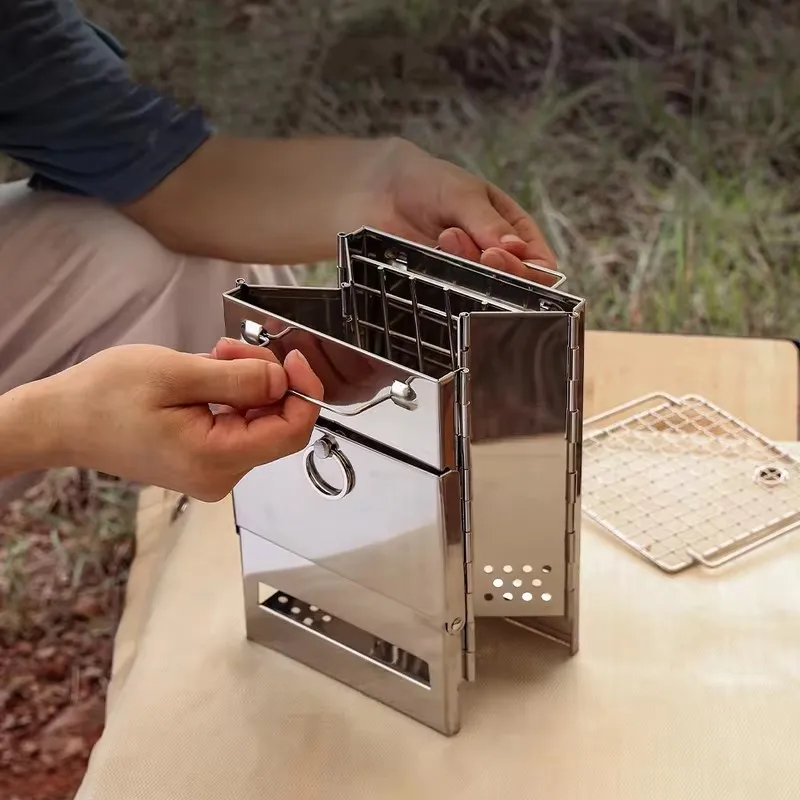 Portable Mini Charcoal Grill and Foldable Stainless Steel Wood Stove for Outdoor Camping