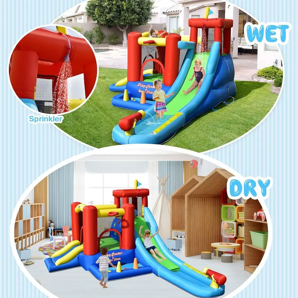 Waterbounce House, 9-in-1 gigantisch iatable waterpark voor buiten met ballenbak, splashpool, klimmuur, opblaaswater
