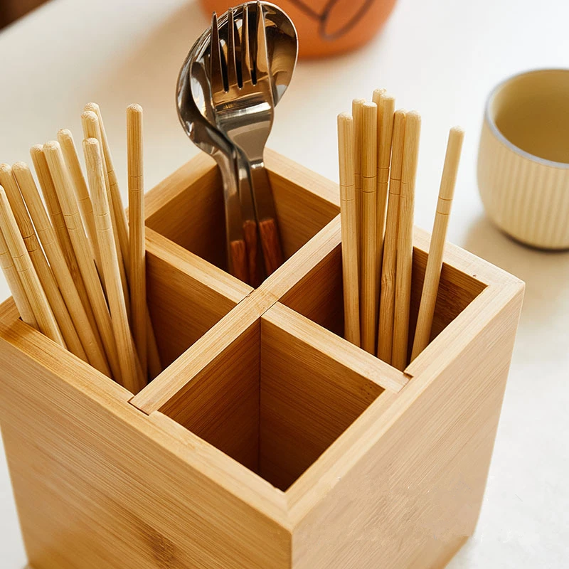 4 Grid Detachable Bamboo Wood Chopsticks Drain Desktop Spoon Fork Knife Storage Holder Kitchen Organizer Racks for Tableware