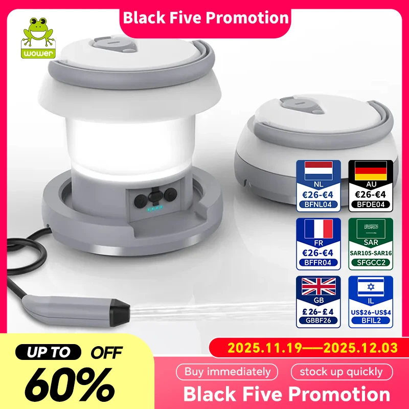 WOWER 新しいポータブルビデ折りたたみ式 1L トイレスプレートラベルシャッタフ ライト付きパーソナルクリーニングハイキングキャンプランタン