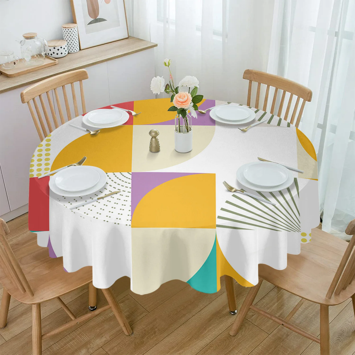 

Medieval Multicolored Geometry Round Tablecloth Waterproof Table Cover for Wedding Party Decoration Dining Table Cover