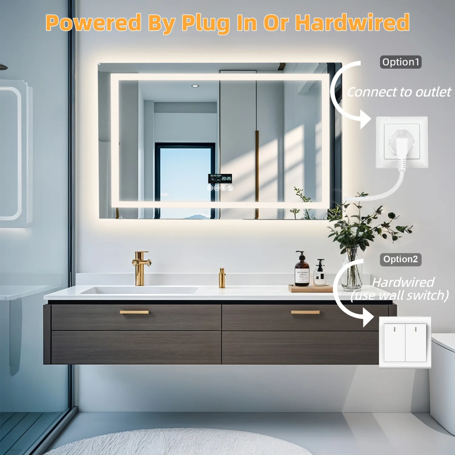 80/100/120/140cm LED Bathroom Mirror with Bluetooth Speaker Antifog Dimmable 3 Lights Time Setting Backlitligth Vanity Wall Mirr