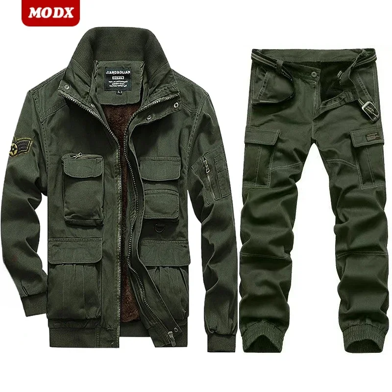 Conjunto de roupas de trabalho masculinas de algodão tático engrossar quente proteção do trabalho terno resistente a riscos casaco + calças 2 peças