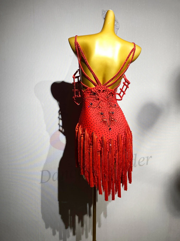 

Latin Dancer, Adult, Children, High-End Custom Diamond Stripe, Tassel, Suspender, Tango, Samba, AB Stone Performance Dress