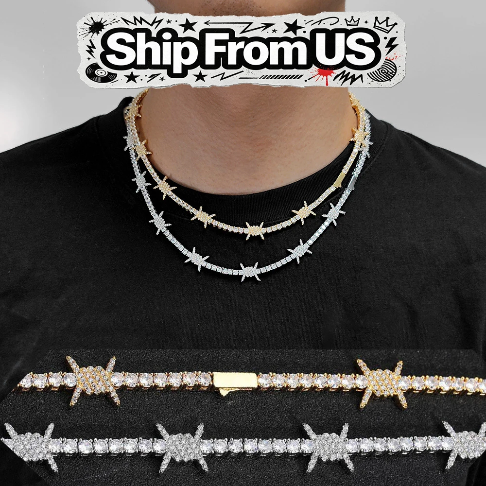 24 Inch Iced Out Barbed Wire Tennis Chain Necklace With Spring Clasp 18K Gold Plated Cubic Zirconia Thorn Hip Hop Jewelry For Men Women Punk Streetwear Bling Sparkling Zircon Neck Chain For Party Club Daily Wear Unique Trendy Hip Hop Accessory Gift