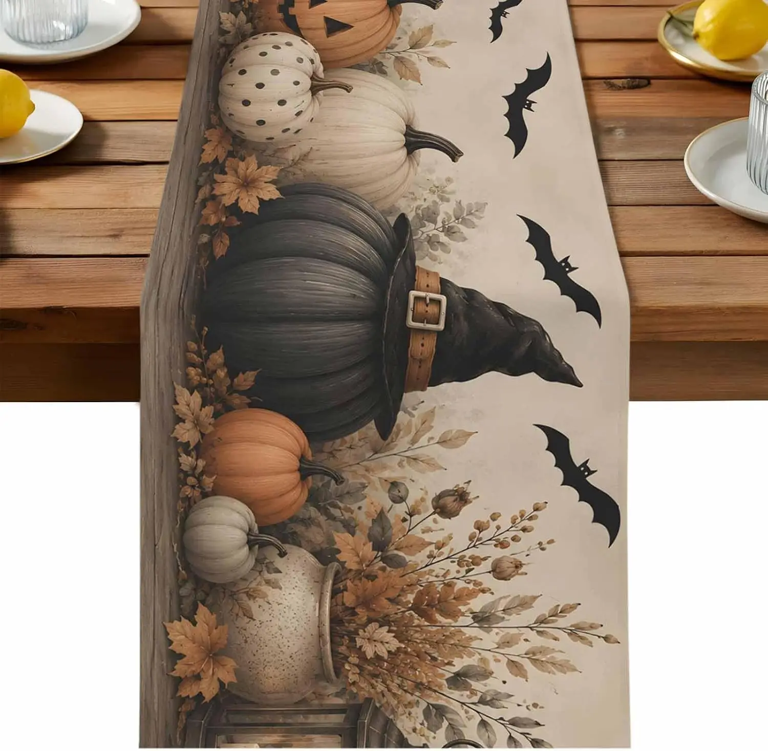 Halloween Pumpkin Witch Hats Linen Table Runner Holiday Party Decor Reusable Kitchen Dining Table Runner Halloween Decorations