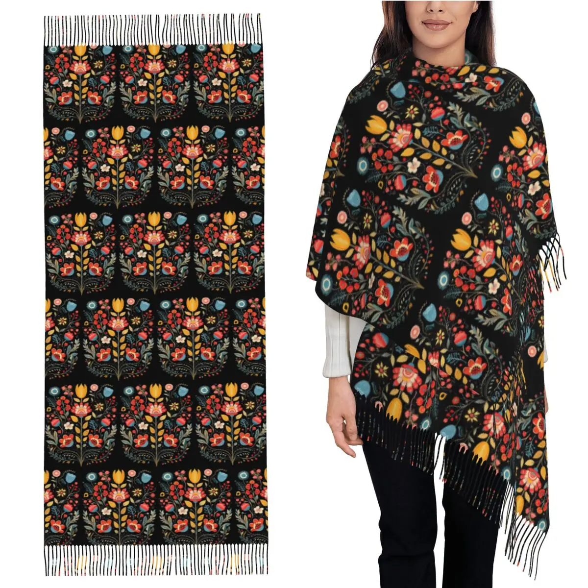 

Polish Folk Flowers Print Poland Floral Scarf Tassel Scarves Women Soft Warm Shawls and Wraps Large Fall Winter Shawl Wrap