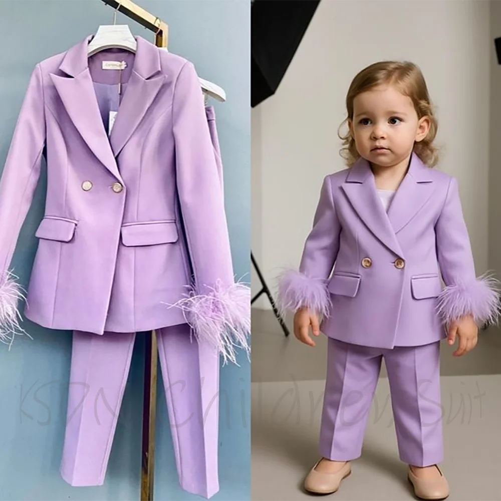 Baby Girls' Suit Lavender Feather Trim Blazer Pants 2 Piece Double Breasted Pageant Birthday Girl Wedding Luxury Kids Clothing