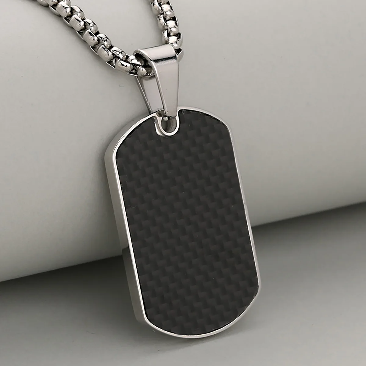 Great Gift Simple Geometry Carbon Fiber Dog Tag Stainless Steel Pendant Necklace For Men And Women, Decent & Meaningful
