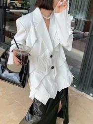 DEAT 2024 Autumn Women's Blazer New Fashion Notched Loose Single Breasted Spliced Ruffles Long Sleeve Suit Jackets Female 17A654