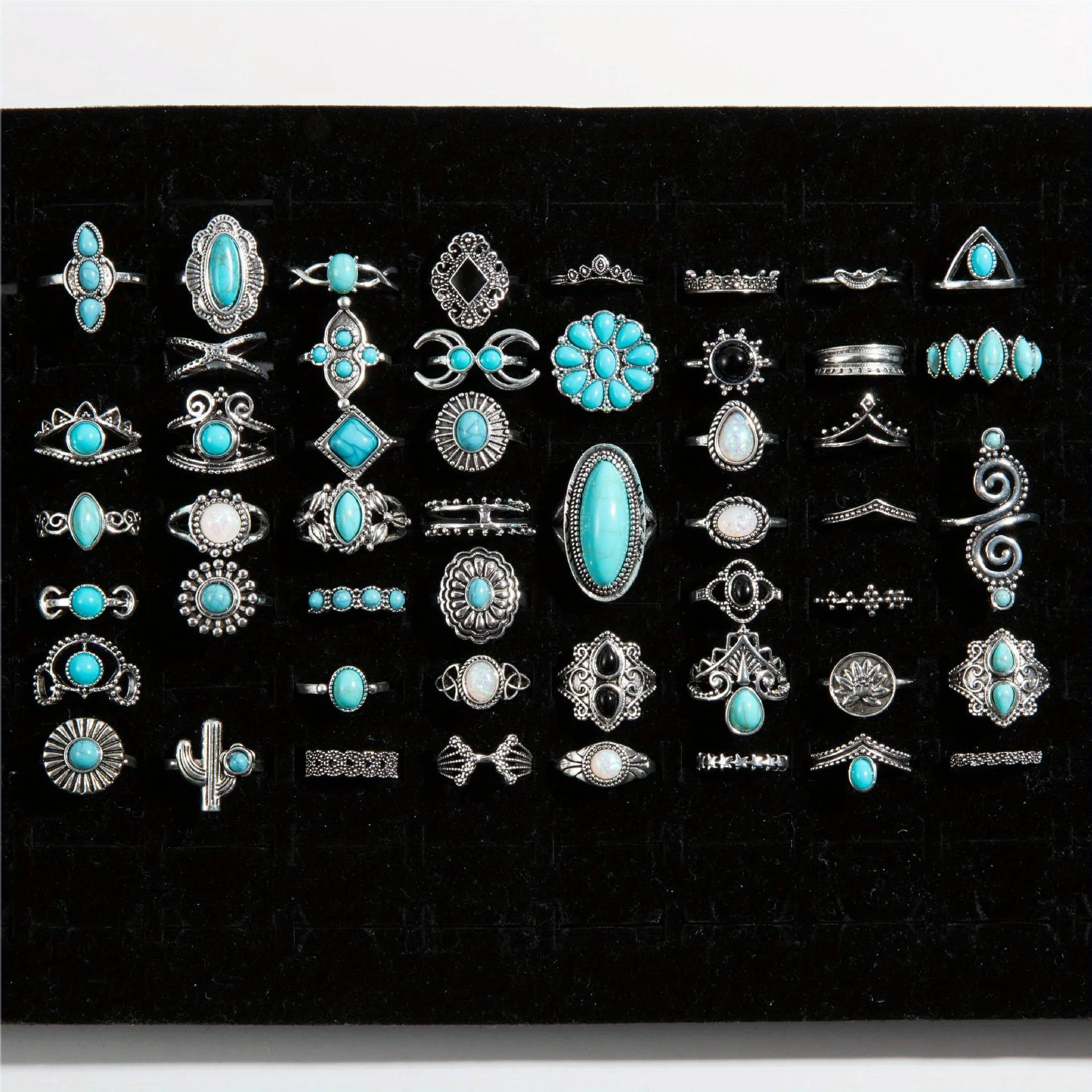 

50 Pieces Mixed Bohemian Turquoise Ring Set, Vintage Geometric Lace Ring Set
