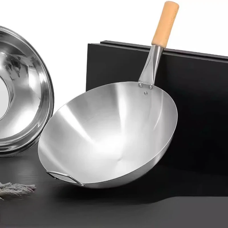 Thick 304 Stainless Steel Commercial Wok Round Bottom Stir Fry Pan Nonstick Gas Stove Cookware Restaurant Durable Frying Skillet