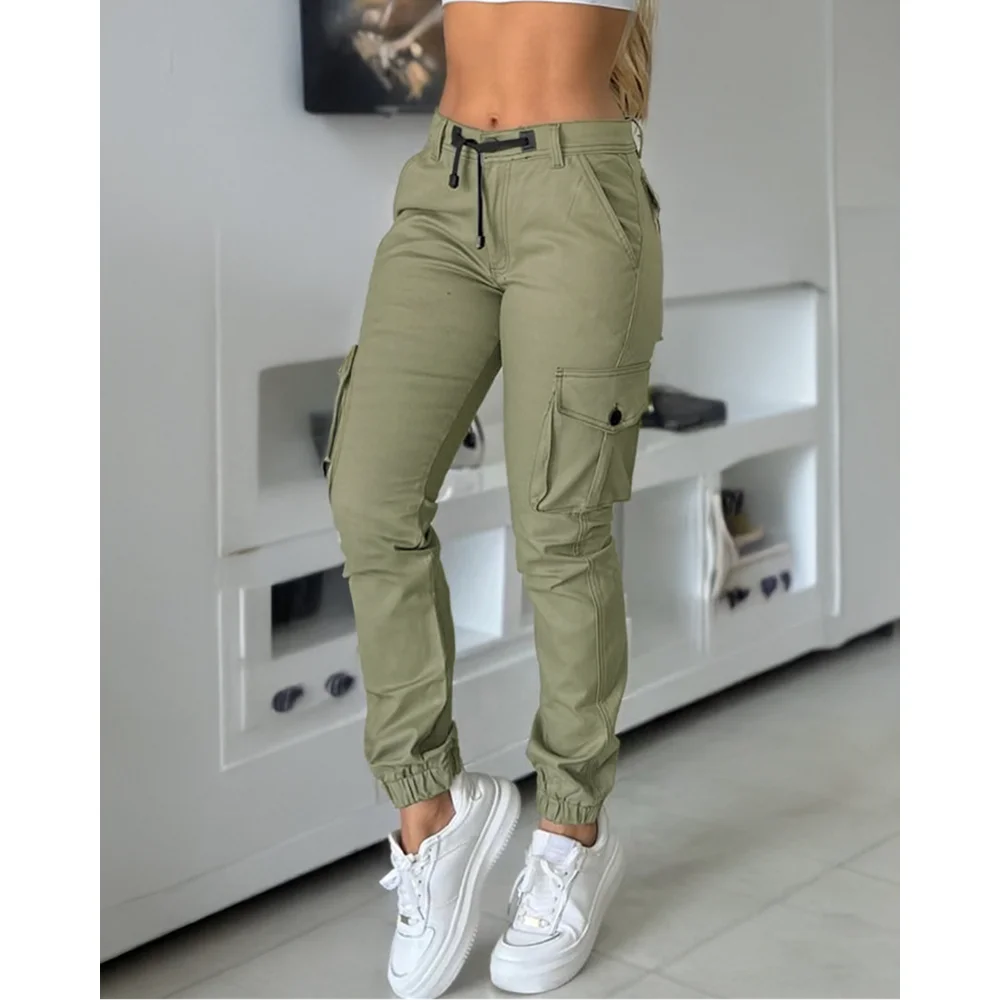 Autumn Fashion Women Multiple Pockets Design Cuffed Cargo Pants Slim Fit Trousers