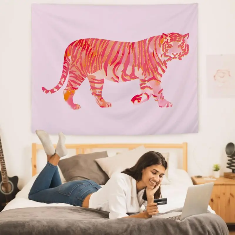 VIKAMA Pink Watercolor Tiger Wall Tapestry Pastel Orange Striped Wild Cat Animal Art Print Bedroom Living Room Aesthetic Dorm