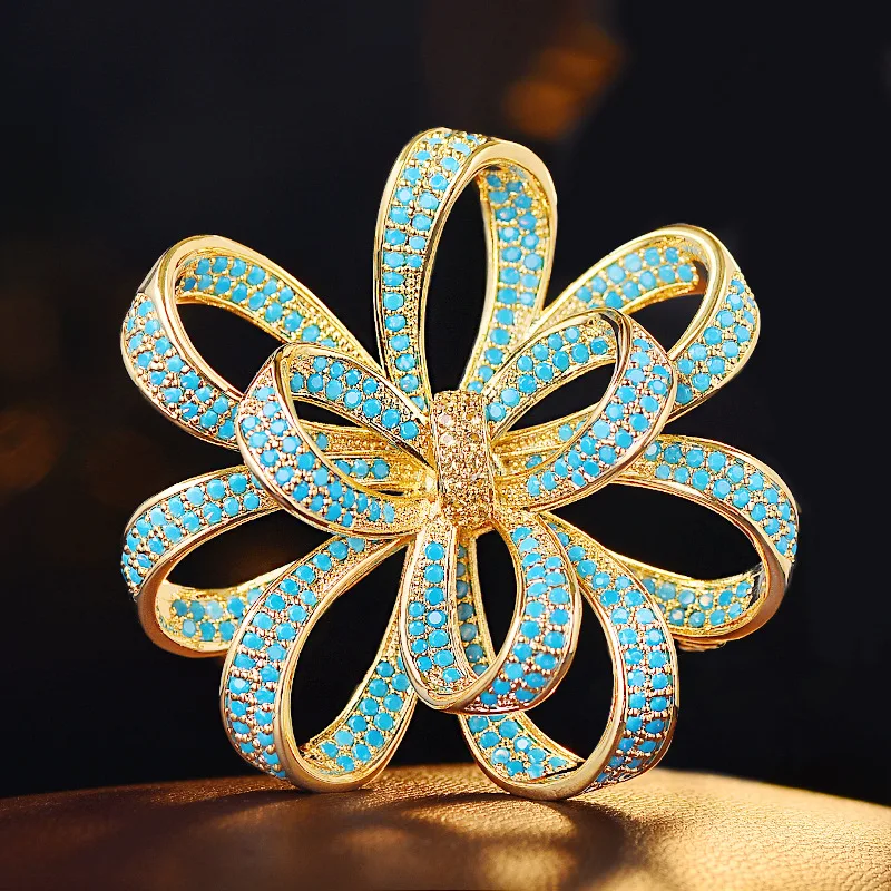 

OKILY 2026 Luxury Turquoise Bow Flower Brooches Fashionable Atmosphere Design Coat Corsage Versatile Commuter Pins for Women