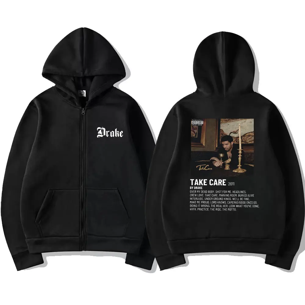 Rapper Drake Music Album Take Care Zipper Hoodie Men's Hip Hop Oversized Hoodies Men Clothes Male Fashion Vintage Zip Up Jacket