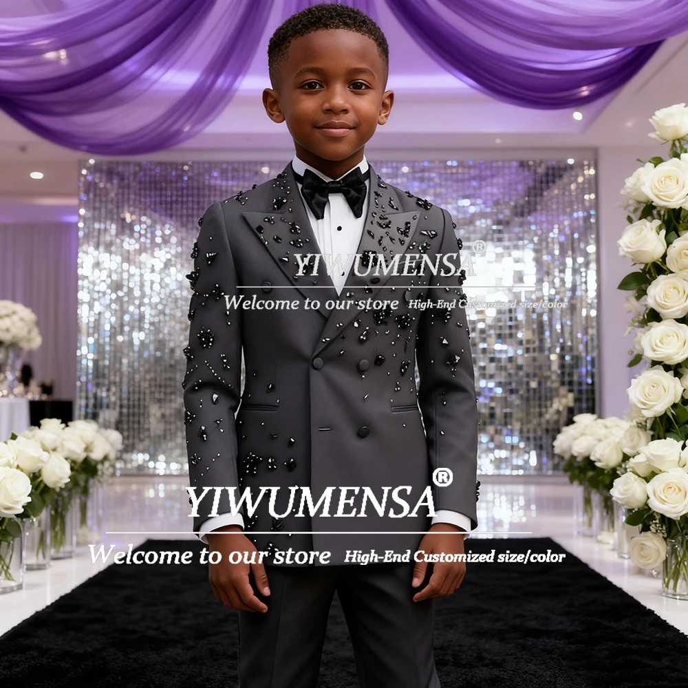 

Diamond Beaded Grey Suits For Boys Luxury 2 Pieces Sets Double Breasted Prom Blazers Outfits Customized Kids Wedding Tuxedo 2026