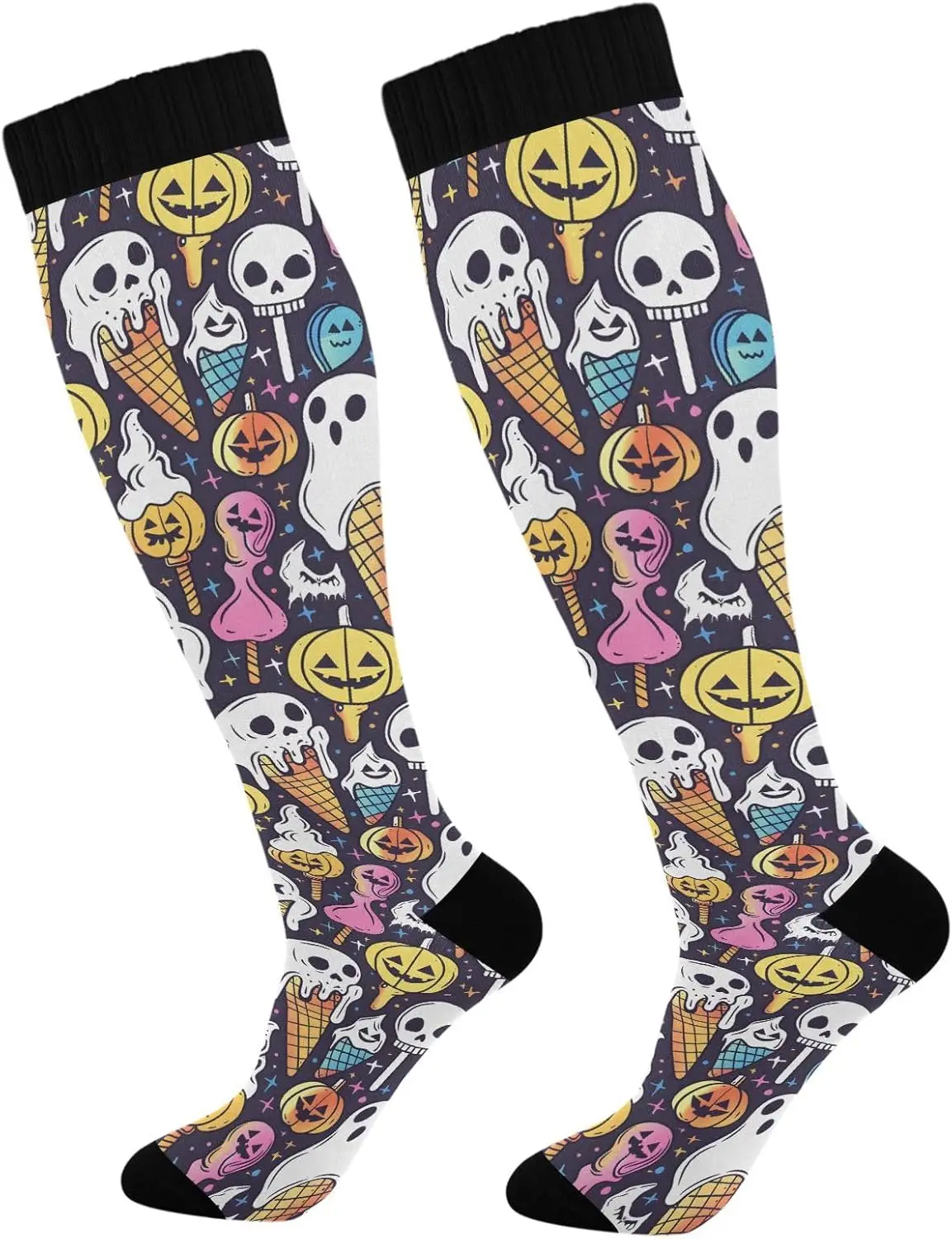 Ghost Halloween Ice Cream Compression Socks for Women Men Knee High Socks for Running Athletic Nurse Cycling Sports