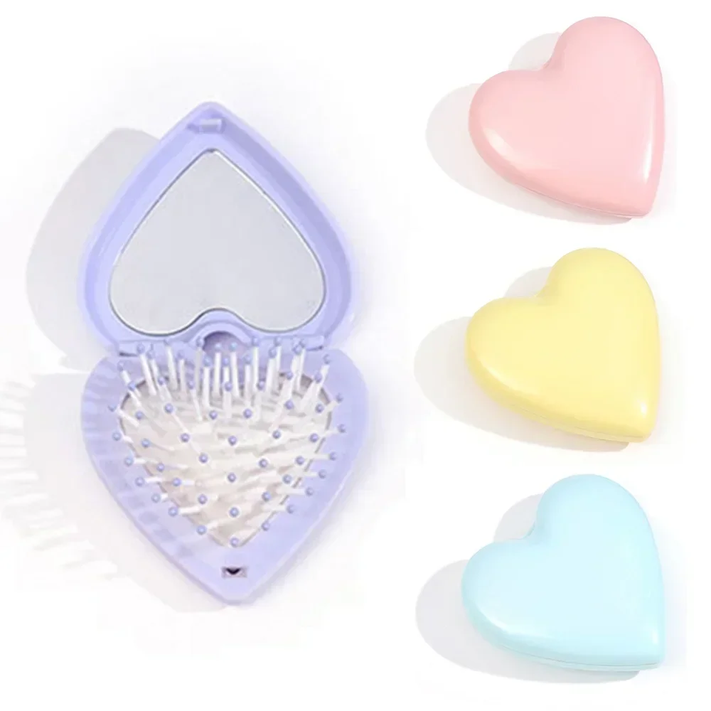 Mini Pocket Hair Brush Heart Shaped Folding Comb With Mirror Portable Head Massage Foldable Small Comb Travel Makeup Tool