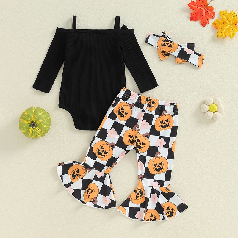 Newborn Girl Baby Halloween Outfit Pumpkin Ghost Print Romper Flare Pants Clothes Set with Headband 3Pcs