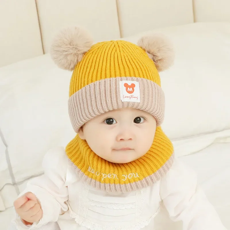 Disney Mickey Mouse Children\'s Cartoon Knitted Hat Scarf Suit Cute Animation Baby Boy Girl Beanie Infant Skull Cap Winter Warm